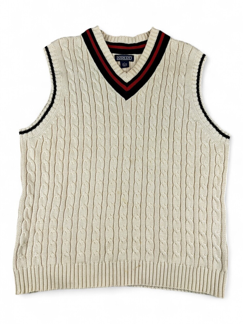 Lands' End Men's Cable Knit V-Neck Sweater Vest L Cream